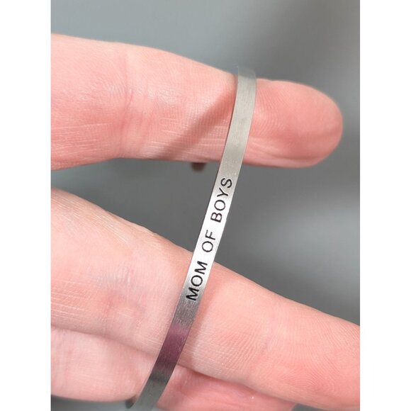 Silver Tone Mom of Boys Cuff Stacking Bangle Bracelet 6" - Picture 4 of 6